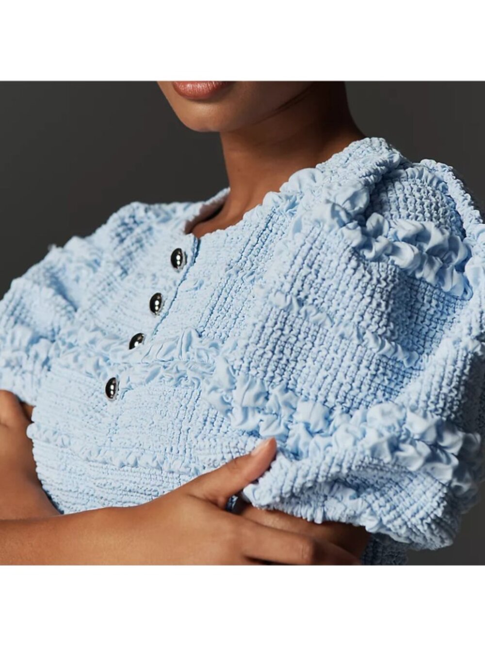English Factory XS Blue Tweed Textured Mini Shift Dress Puff Sleeve Button $130 - Picture 3 of 8